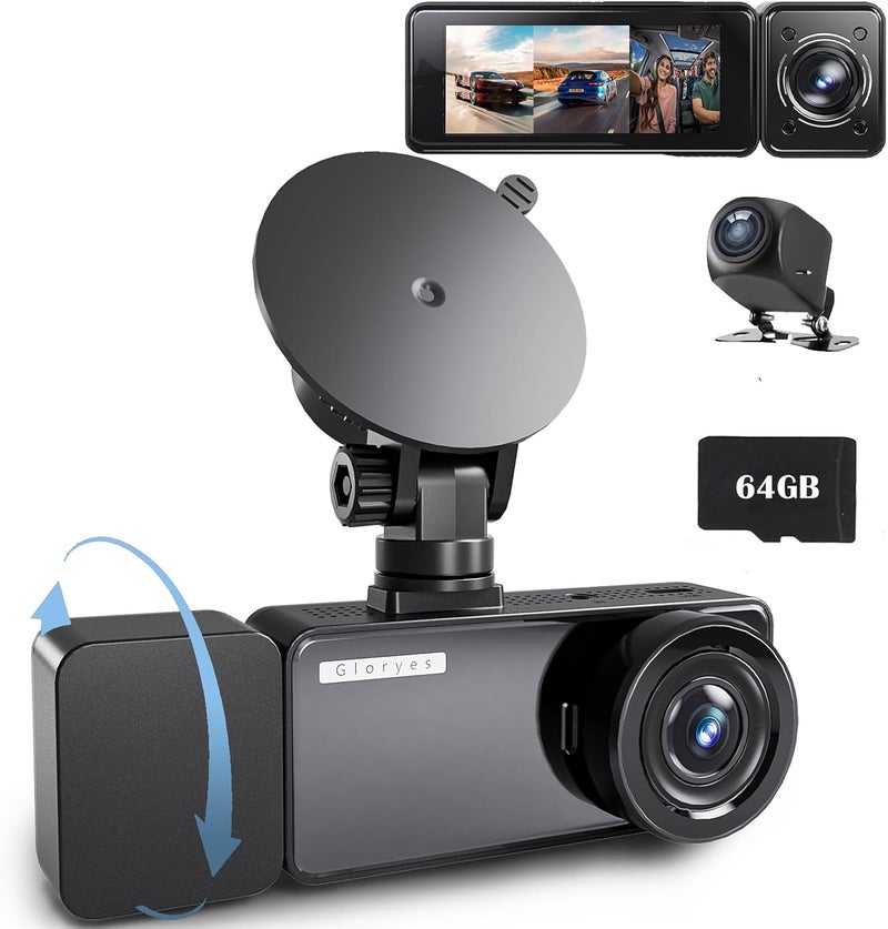 Gloryes 3 Channel Dash Cam with Backup Camera Front and Rear Inside,Interior Car Camera,Dash Camera for Cars, 3.18" IPS Screen, Night Vision, G-Sensor, Parking Assistance, 64G SD Card - Image 1